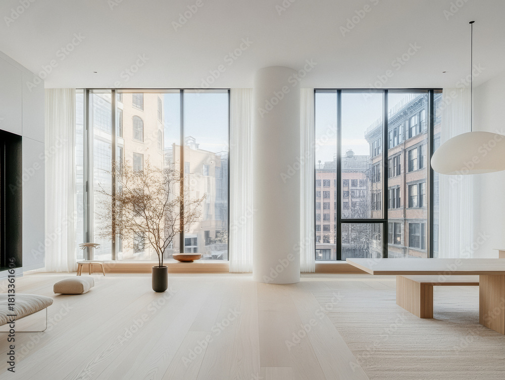 Fototapeta premium Modern interior design showcases bright living space with large windows and minimalist decor in an urban apartment