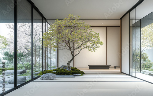 Modern Japanese interior design showcases a tranquil space with a tree and natural elements for relaxation and contemplation