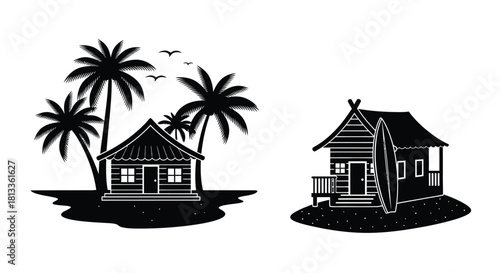 Tropical island huts with palm trees and a surfboard illustration