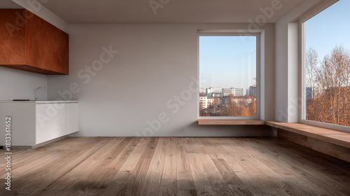 Modern empty room with large windows and wooden floor, showcasing urban view at sunset