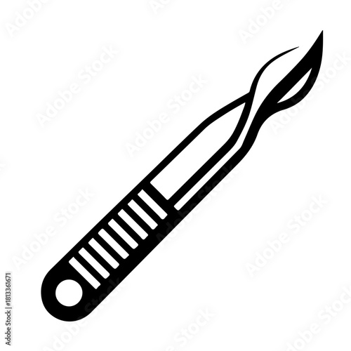 Illustration of a black and white scalpel with a textured handle and curved blade design element tool