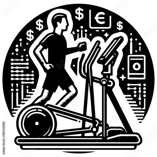 Illustration of a man on an elliptical machine with money symbols and circuit board background design