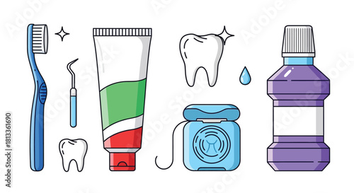 Essential dental hygiene tools including toothbrush toothpaste and mouthwash