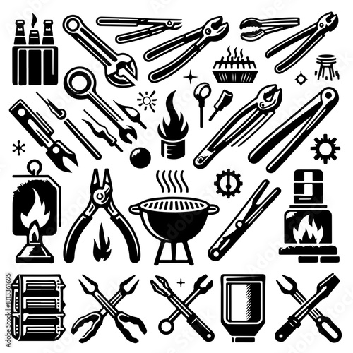 Illustration of various tools and equipment including wrenches pliers and cooking related items displayed