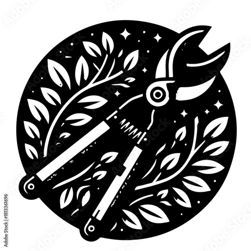 Illustration of pruning shears surrounded by leaves and stars inside a black circle shape art