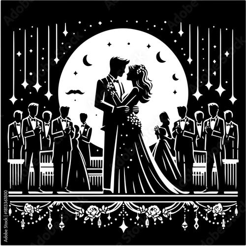 Silhouetted wedding scene featuring a bride and groom with guests under a starry night backdrop