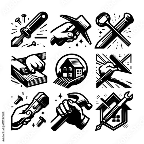 Collection of nine black and white construction and home repair icons featuring various tools and hands at work