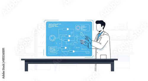Scientist interacting with a futuristic holographic flowchart on a digital display