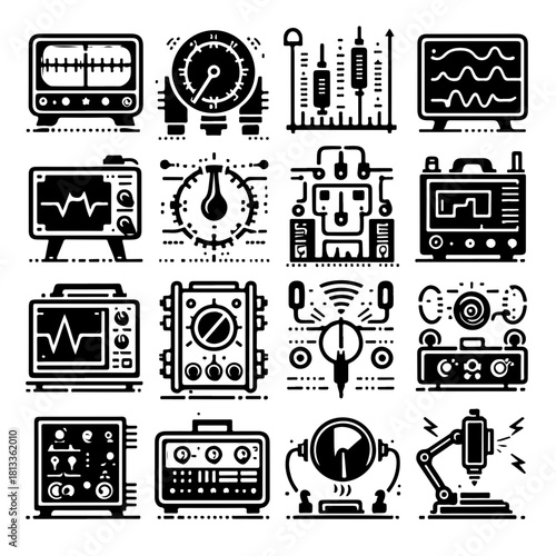 Collection of sixteen black and white icons depicting various scientific and electronic instruments and devices