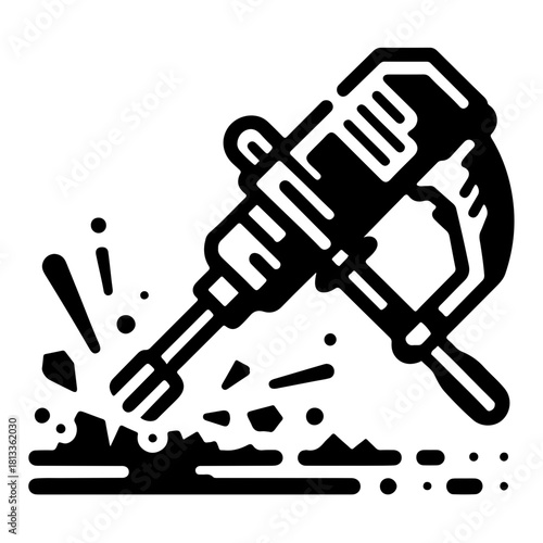 Illustration of a black jackhammer breaking ground with debris and dust particles in the air around it