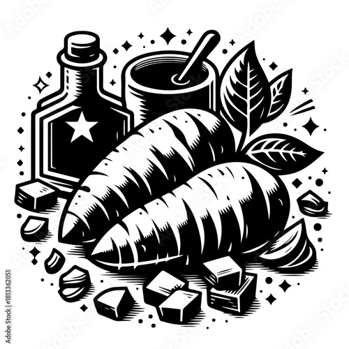 Black and white illustration of carrots with oil bottle and leaves in a circular arrangement