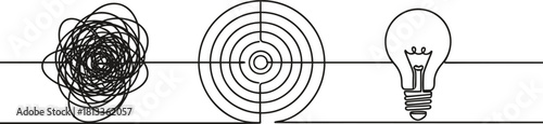 Chaos to Clarity Concept, Tangled Mess Resolving into Target and Light Bulb, Problem Solving, Idea Generation, Strategy, and Creative Solution Vector.
