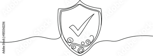One Continuous Line Drawing of Security Shield with Check Mark, Complete Protection, Digital Verified Approval, Safety, and Reliable Data Assurance Vector.