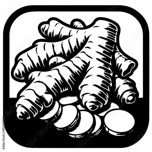 A black and white illustration of ginger root with several slices in a rounded square frame design