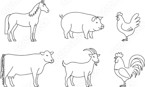 Set of Farm Animals Outline Icons, Including Horse, Pig, Chicken, Cow, Goat, and Rooster, Livestock Line Art Collection for Agricultural Design Vector.