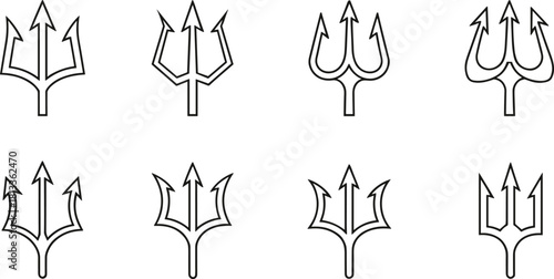 Set of Trident Outline Icons, Poseidon's Fork, Mythology Symbol, Nautical Design Element, Neptune, God of the Sea, and Power Weapon Vector.
