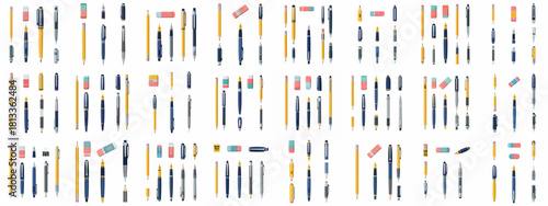 Seamless repeating pattern of classic yellow pencils, fountain pens, mechanical pencils, and pink erasers, representing office and school supplies.