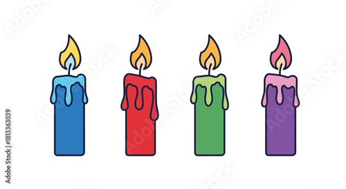 Four brightly colored cartoon candles with flickering flames are displayed