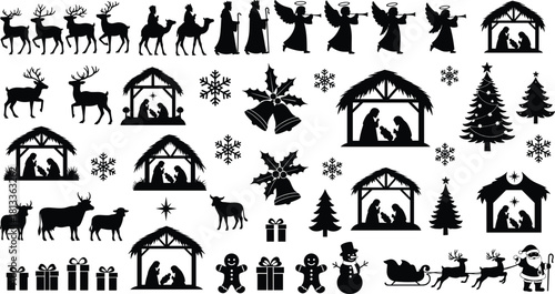 Christmas Holiday Silhouette Vector Bundle, Nativity Scene, Magi, Angels, Santa Sleigh, Reindeer, Snowflakes, and Gingerbread Man Icons Collection.