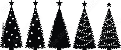 Christmas Tree Silhouette Vector Bundle, Five Decorated Pine Trees with Star Toppers, Ornaments, and String Lights, Holiday Decoration Graphic Clipart Set.