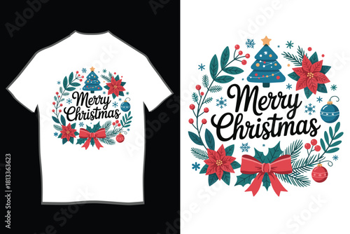 Merry christmas holiday wreath vector illustration featuring classic festive elements like poinsettias, pine branches, ornaments, berries and a red bow