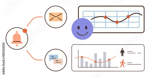 Notifications, email, chat bubbles, happy face, data charts, progress metrics, human figures. Ideal for communication, productivity analytics user feedback data visualization business strategy