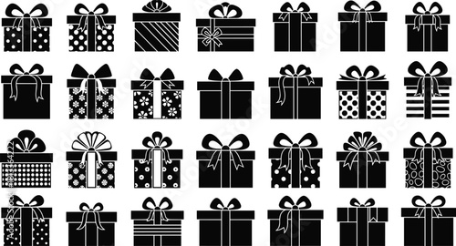 Gift Box Silhouette Vector Mega Bundle, Holiday Presents with Bows and Patterns, Birthday, Christmas, and Celebration Icons Clipart Collection Set.