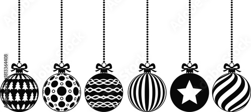 Hanging Christmas Ornaments Silhouette Vector Set, Six Decorative Balls with Modern Patterns, Festive Holiday Design Elements and Seamless Border Clipart.