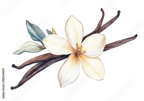 Watercolor painting of a vanilla flower with vanilla bean pods, creating a delicate and aromatic composition, isolated on transparent background for a clean presentation