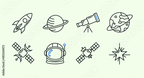 Astronomy and space exploration icons rocket planets telescope and more