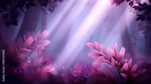 Enchanted Forest: A dreamlike forest with light rays shining through the trees, creating a magical and inviting ambiance. The scene is filled with soft pink and purple tones.