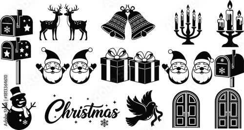 Holiday Christmas Silhouette Vector Bundle, Black and White Festive Clipart Collection, Santa Claus, Reindeer, Mailbox, Candle Holders, and Door Decorations.