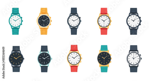 A colorful collection of analog wristwatches displayed in various styles and colors