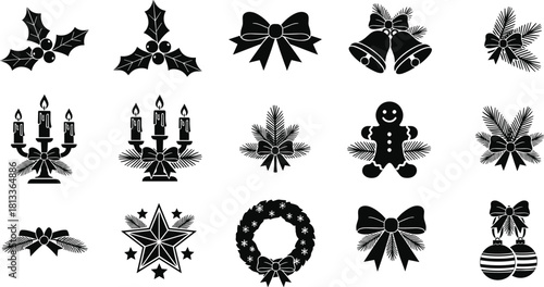 Traditional Christmas Decoration Silhouette Vector Bundle, Holly, Bows, Jingle Bells, Wreath, Gingerbread Man, and Candle Holder Festive Clipart Set.
