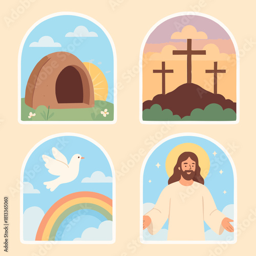 Four-panel pastel illustration featuring Easter symbols: tomb, crosses, dove, and Jesus, representing faith and renewal.