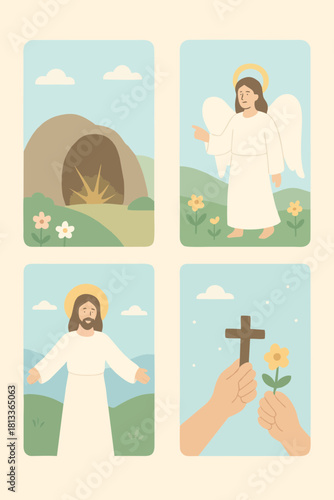 Easter-themed window-style illustration showing empty tomb, angel, cross, and Jesus in pastel colors.