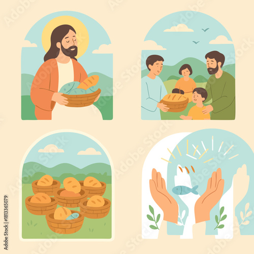 Jesus sharing bread with followers in multiple illustrated panels, symbolizing generosity, teaching, and compassion in a pastoral setting.

