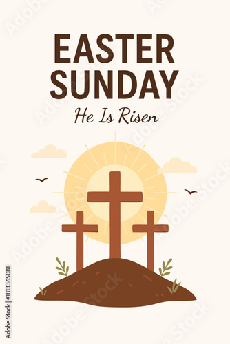 Easter illustration with rising sun and three crosses on the hill, representing the resurrection of Jesus. Minimalist pastel style.
