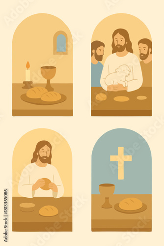 Illustration of the Last Supper in soft pastel tones, showing Jesus and His disciples sharing bread and wine in a peaceful biblical scene.
