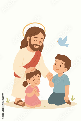 Pastel illustration of Jesus comforting two children with a peaceful dove nearby, symbolizing love, peace, and divine protection.
