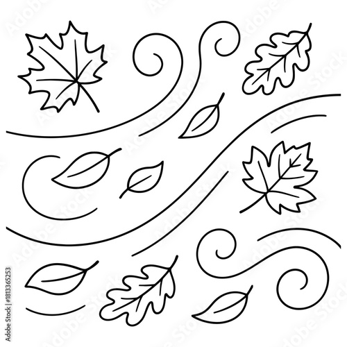 Doodle style illustration of autumn leaves blowing in the wind on a white background
