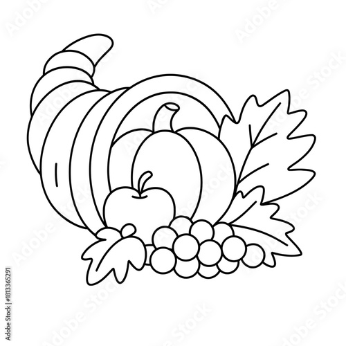 Outline illustration of cornucopia with pumpkin apple grapes and leaves isolated white