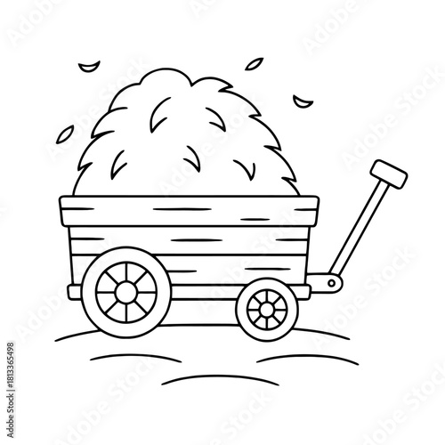 A black and white line drawing of a hay filled wagon with a handle and two wheels