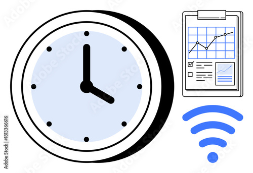 Analog clock, analytics chart clipboard, and wireless signal illustrating productivity, efficiency, analytics, remote work, technology, communication and time tracking. A simple flat metaphor