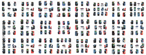 Isometric vector illustration pattern of diverse retro arcade game cabinets, simulators, and cocktail tables for gaming, entertainment, and nostalgia.