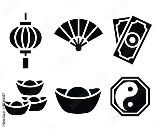 Black silhouettes representing Chinese culture and prosperity including lantern fan money gold ingots and the Yin Yang symbol showcasing traditional Asian values