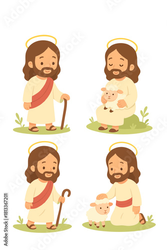 Cute illustration of a religious figure holding a lamb and interacting with children in a garden.
