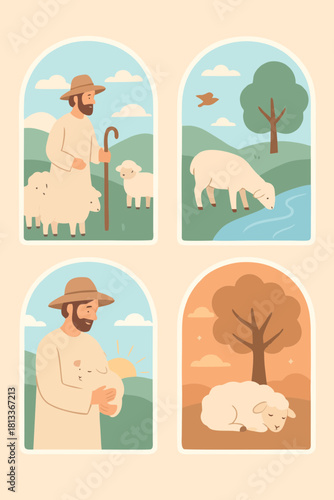 Illustration of a shepherd caring for a flock of sheep in a peaceful countryside scene.