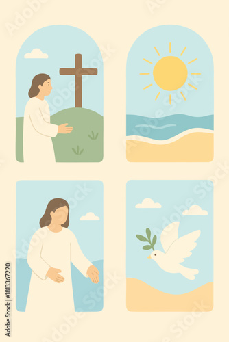 Calm illustration of a woman praying in nature, symbolizing devotion and peace.
