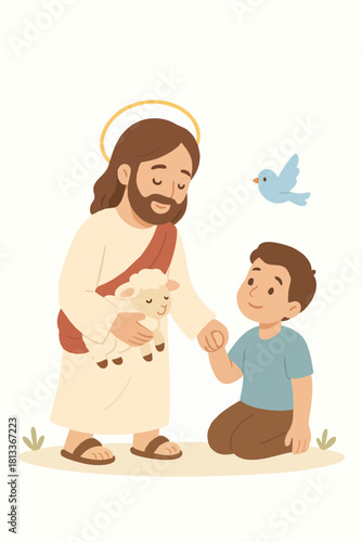 Illustration of a shepherd-like religious figure with a child and a lamb, symbolizing protection and care.
